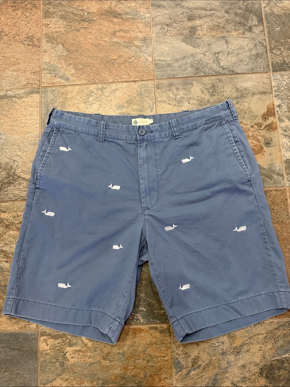 J. Crew Navy Blue Flat-Front Shorts with White Whale Embroidery